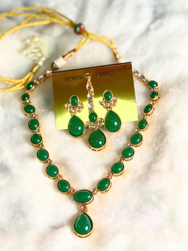 Elegant Green Stone Necklace, Earrings & Maang Tikka Jewellery Set