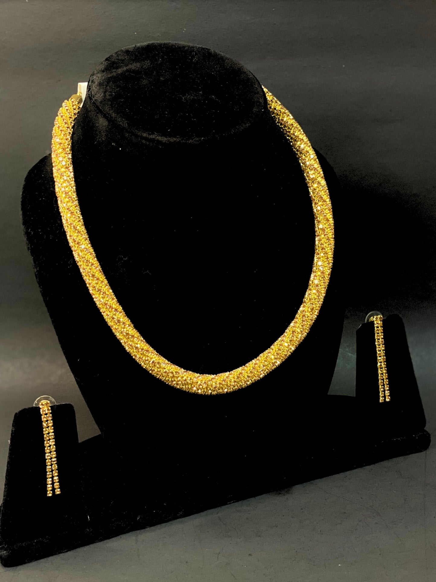 Golden Crystal Studded Necklace Set with Matching Drop Earrings