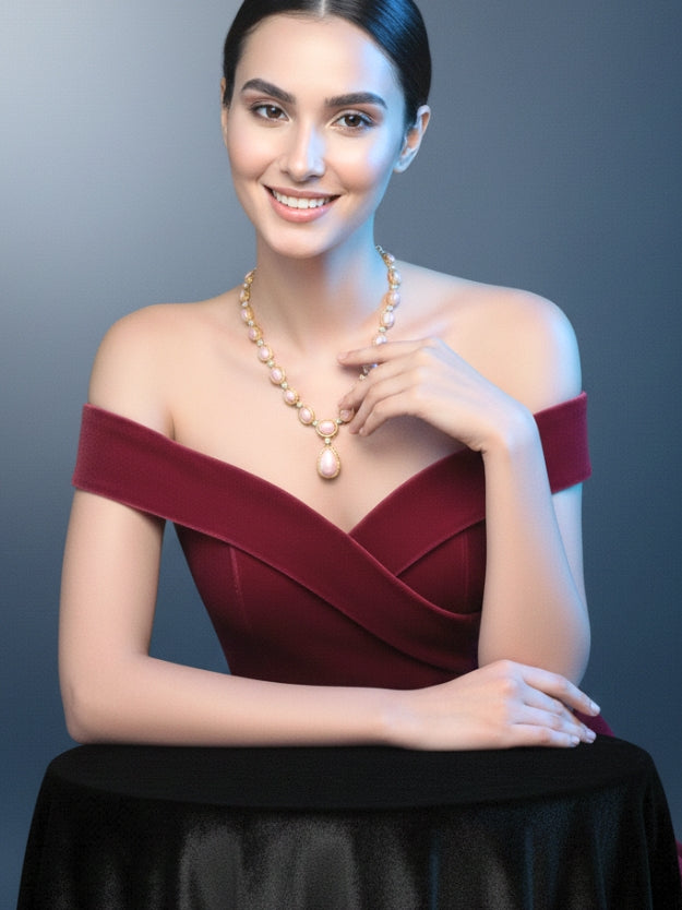 Elegant Pink Stone Gold-Plated Necklace, Earrings & Maang Tikka Jewellery Set