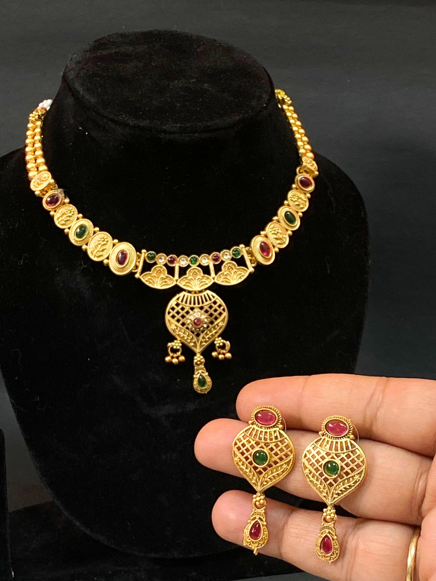 Traditional Necklace Set with Green & Red Stone Pendant and Matching Earrings