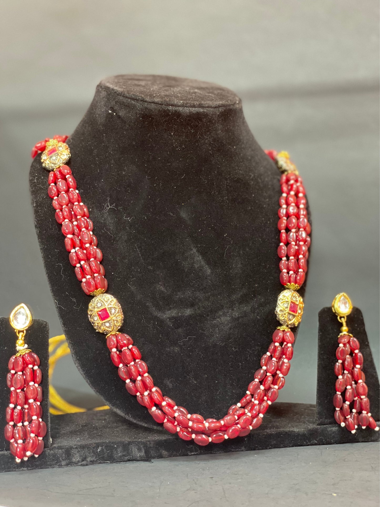 Maroon Beaded Multi Strand Long Necklace Set with Kundan Work & Matching Earrings