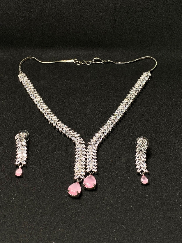 Party Wear Silver Finish AD Jewellery Set with Pink Crystal Drops