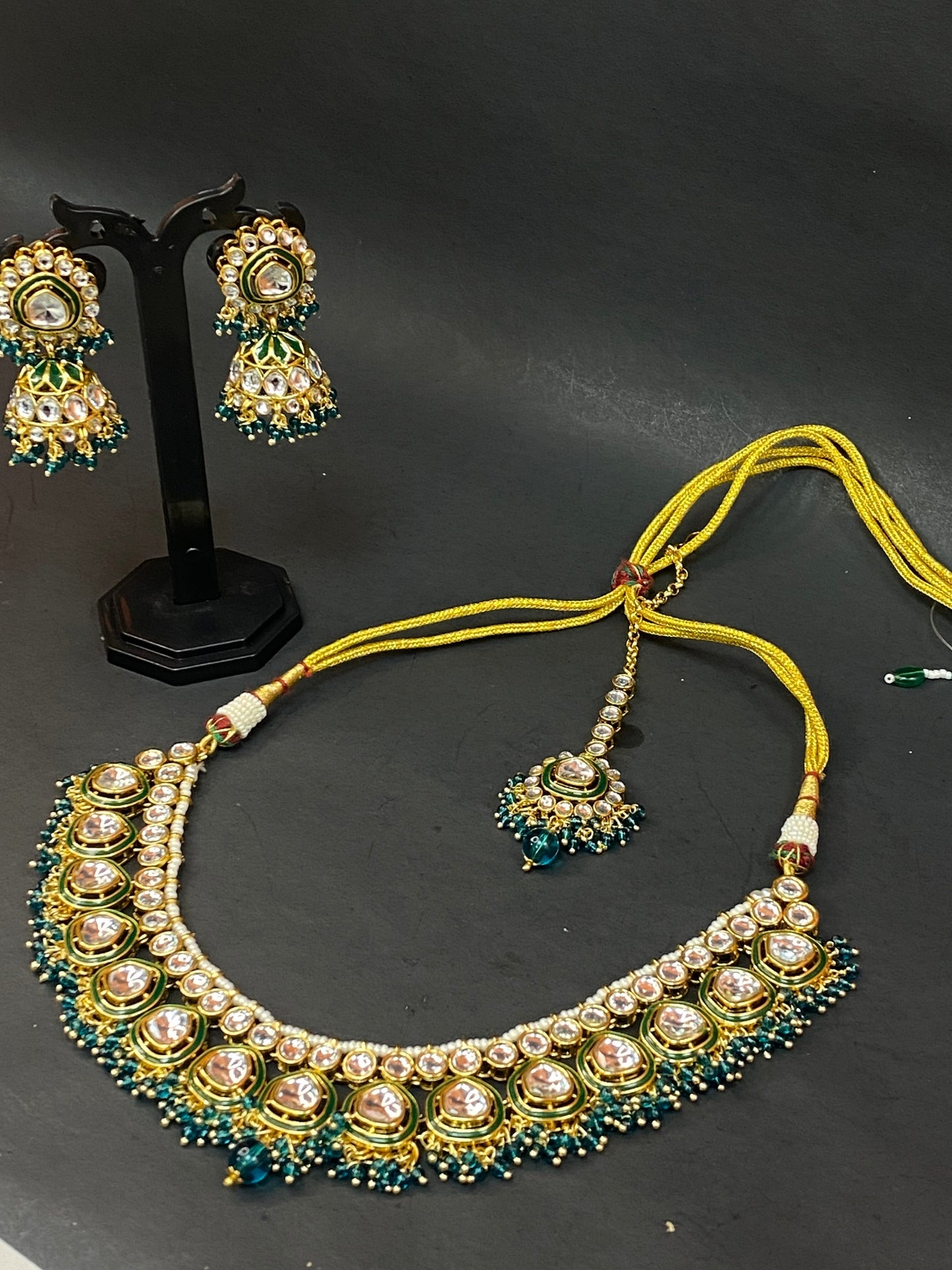 Designer Kundan Necklace Set with Green Beads & Maang Tikka