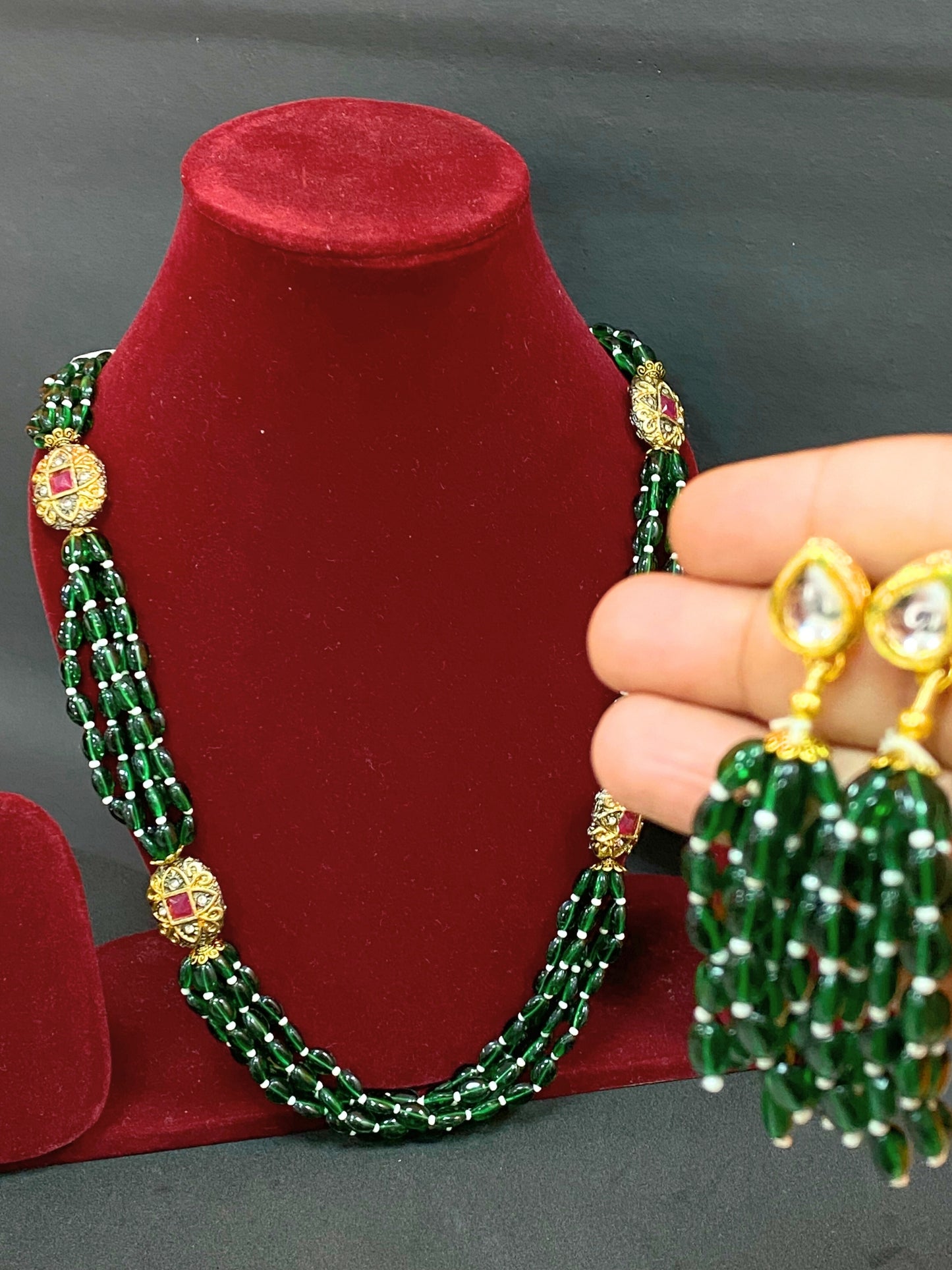 Green Beaded Multi Strand Long Necklace Set with Kundan Work & Matching Earrings