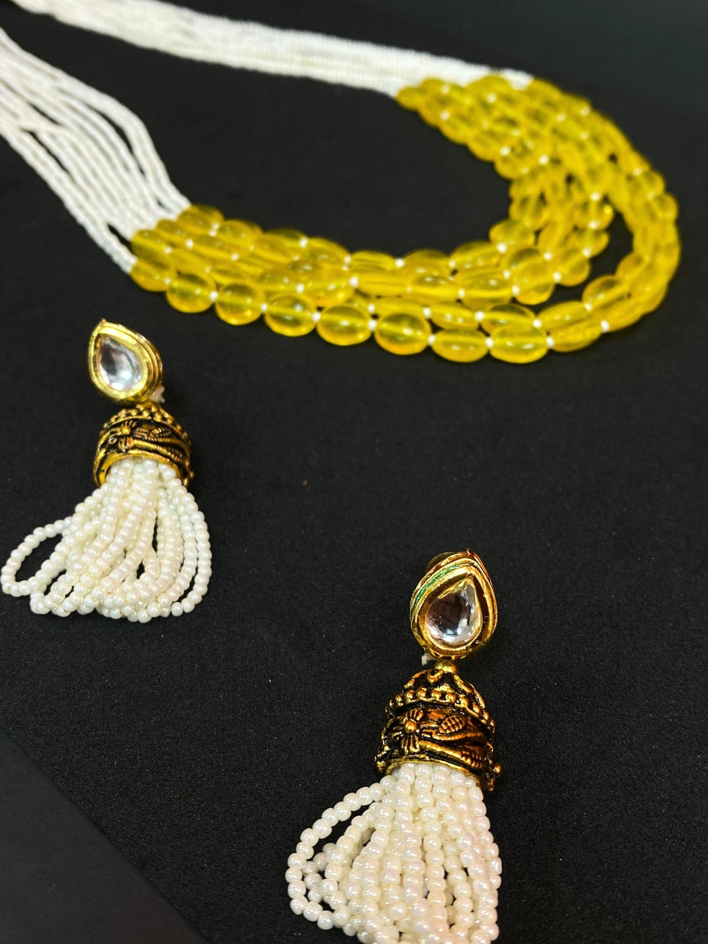 Yellow Beaded Multi Strand Long Necklace Set with White Seed Beads & Matching Earrings