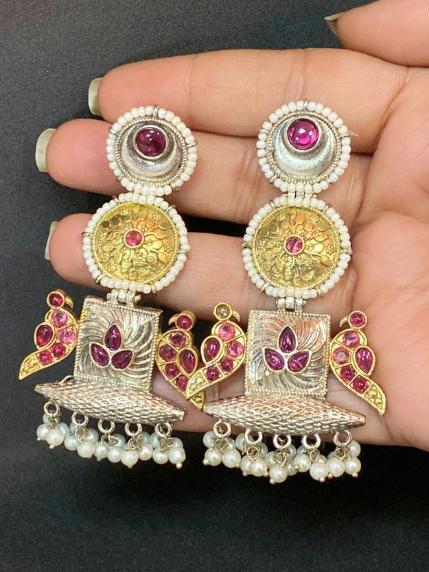 Traditional Oxidised & Gold-Plated Temple Earrings with Ruby Stones & Pearl Drops