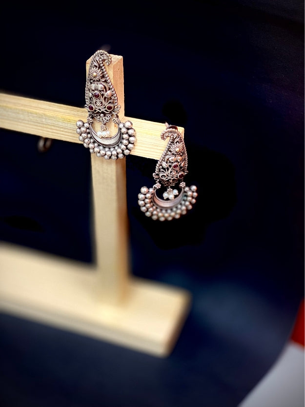Traditional Oxidised Silver Jhumka Earrings with Stone Detailing