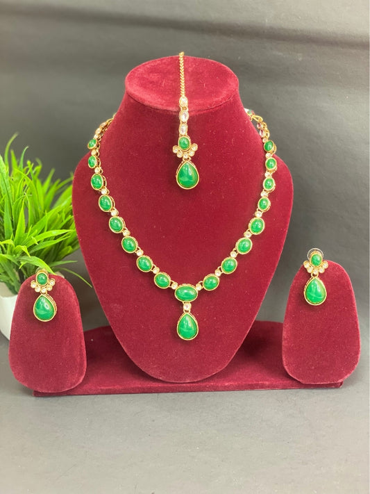 Elegant Green Stone Necklace, Earrings & Maang Tikka Jewellery Set
