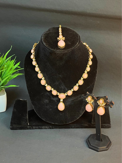 Elegant Pink Stone Gold-Plated Necklace, Earrings & Maang Tikka Jewellery Set