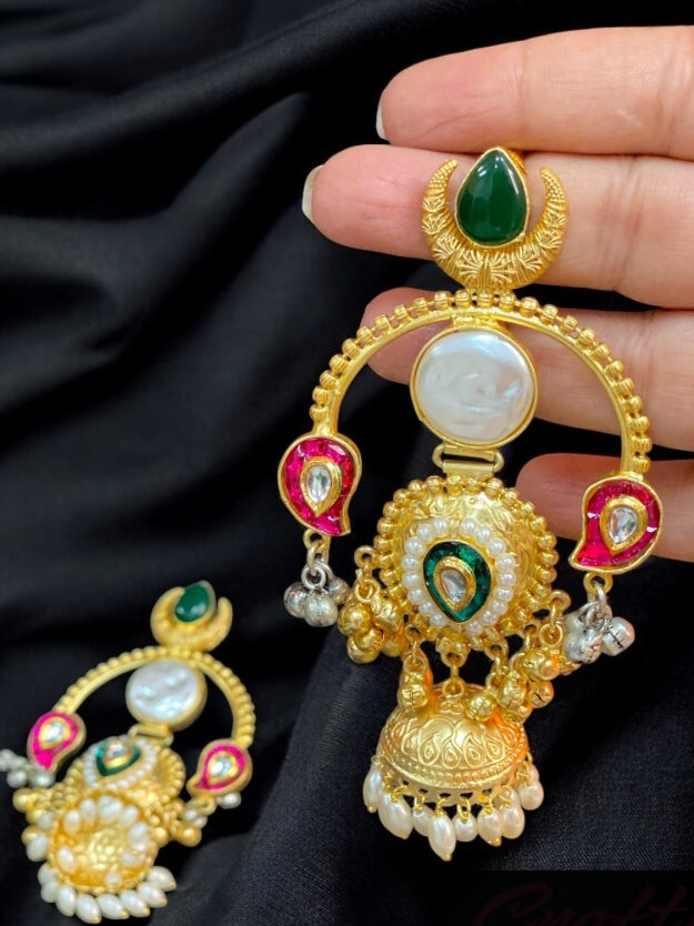 Traditional Gold-Plated Kundan & Pearl Temple Jhumka Earrings