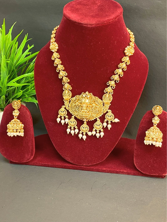 Premium Gold-Plated Temple Jewellery Set with Laxmi Pendant & Jhumka Earrings