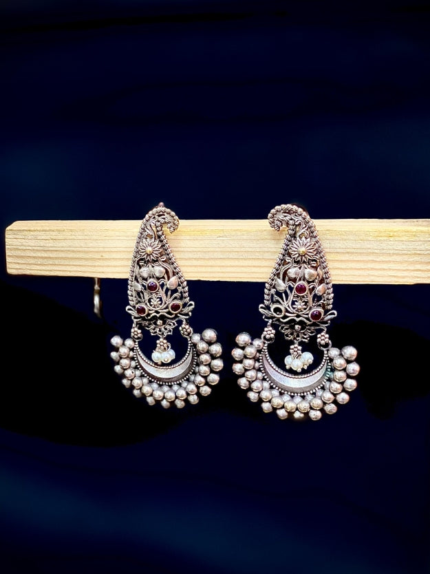 Traditional Oxidised Silver Jhumka Earrings with Stone Detailing