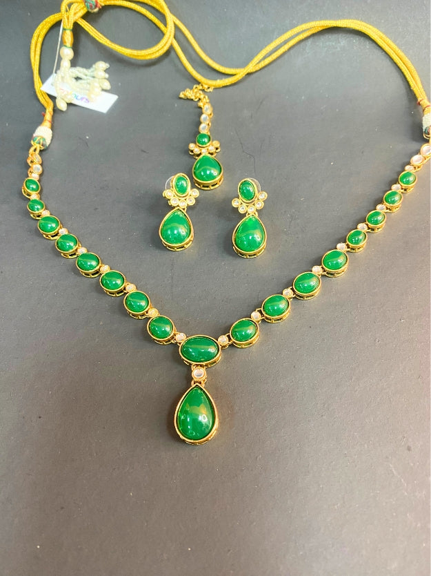 Elegant Green Stone Necklace, Earrings & Maang Tikka Jewellery Set