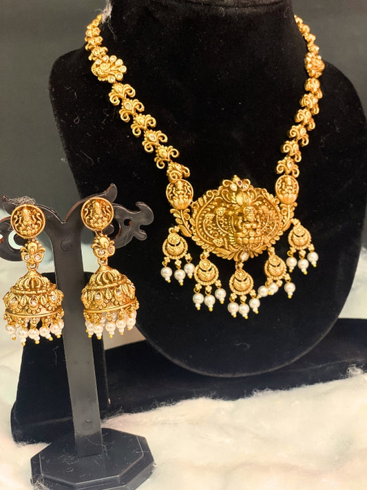 Premium Gold-Plated Temple Jewellery Set with Laxmi Pendant & Jhumka Earrings