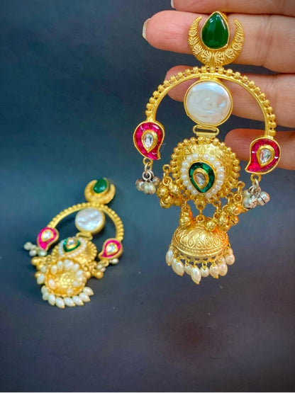 Traditional Gold-Plated Kundan & Pearl Temple Jhumka Earrings