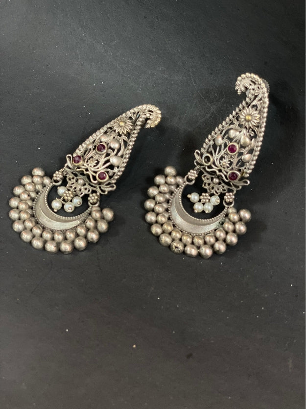 Traditional Oxidised Silver Jhumka Earrings with Stone Detailing