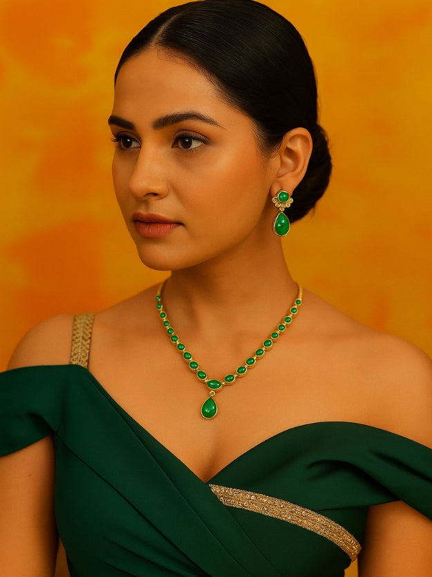 Elegant Green Stone Necklace, Earrings & Maang Tikka Jewellery Set