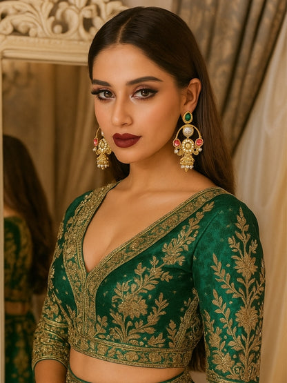 Traditional Gold-Plated Kundan & Pearl Temple Jhumka Earrings