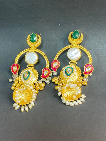Traditional Gold-Plated Kundan & Pearl Temple Jhumka Earrings