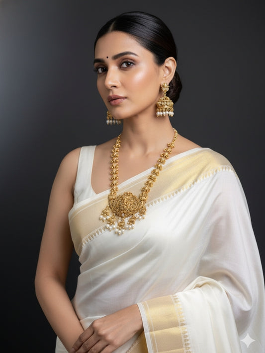 Premium Gold-Plated Temple Jewellery Set with Laxmi Pendant & Jhumka Earrings