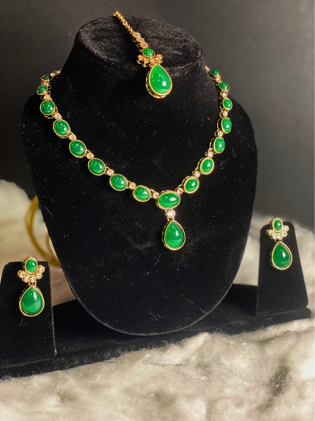 Elegant Green Stone Necklace, Earrings & Maang Tikka Jewellery Set