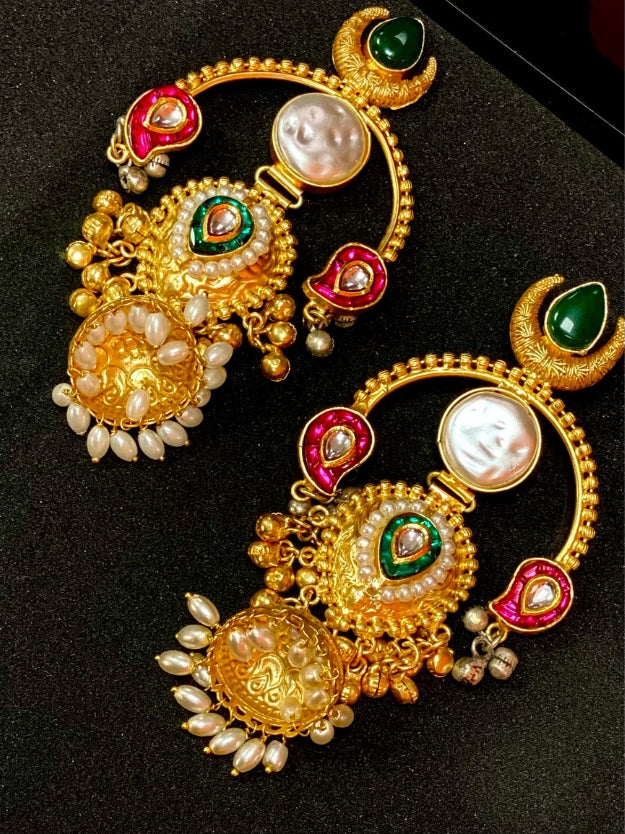 Traditional Gold-Plated Kundan & Pearl Temple Jhumka Earrings
