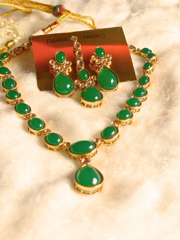 Elegant Green Stone Necklace, Earrings & Maang Tikka Jewellery Set