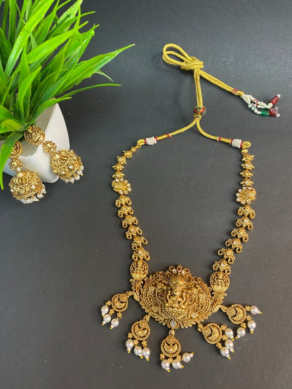 Premium Gold-Plated Temple Jewellery Set with Laxmi Pendant & Jhumka Earrings