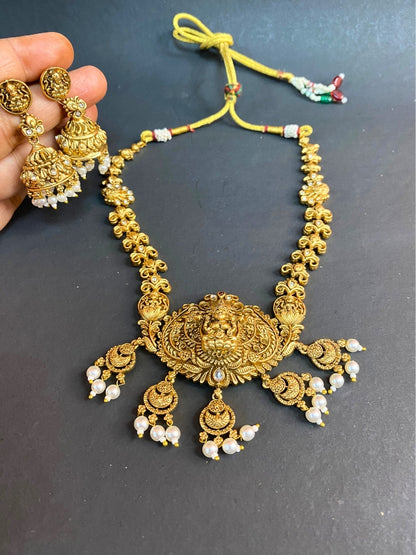 Premium Gold-Plated Temple Jewellery Set with Laxmi Pendant & Jhumka Earrings