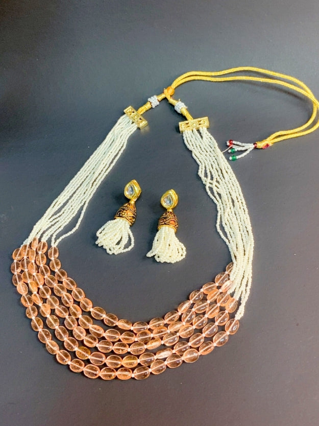 Multi-Layer Beaded Necklace with Pearl Tassel Earrings