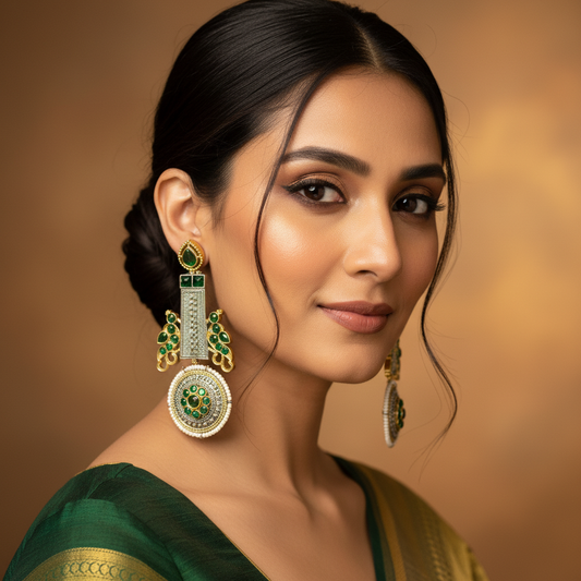 Oxidized Dual Tone Jhoomar Earrings with Green Kundan Stones