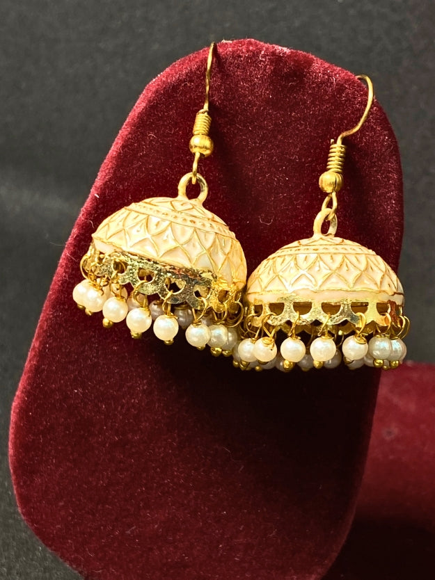 Meenakari Jhumka Earrings with Pearl Drops - Traditional Indian Ethnic Jewelry