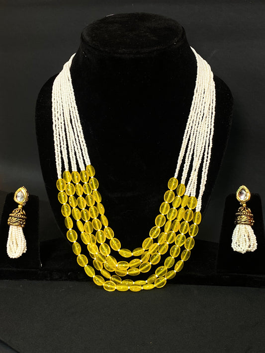 Yellow Beaded Multi Strand Long Necklace Set with White Seed Beads & Matching Earrings