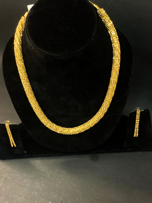 Golden Crystal Studded Necklace Set with Matching Drop Earrings