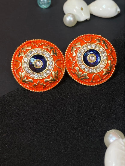 Meenakari Round Stud Earrings with Imitation Stone