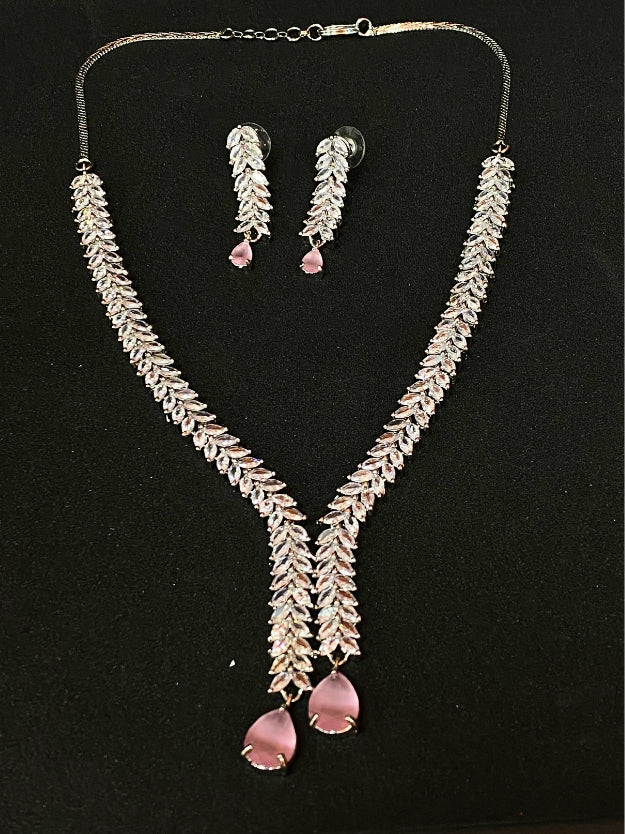Party Wear Silver Finish AD Jewellery Set with Pink Crystal Drops
