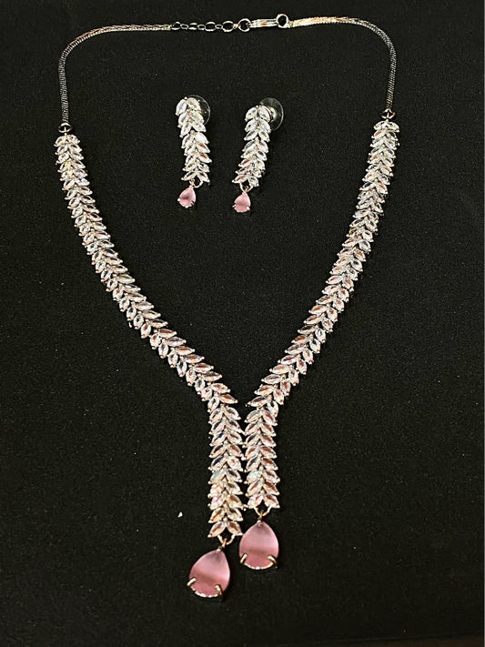 Party Wear Silver Finish AD Jewellery Set with Pink Crystal Drops