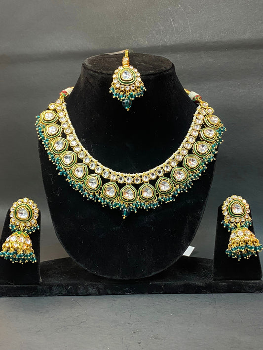 Designer Kundan Necklace Set with Green Beads & Maang Tikka