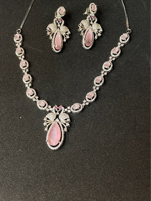 Premium Party Wear AD Necklace Set with Pink Drop Pendant