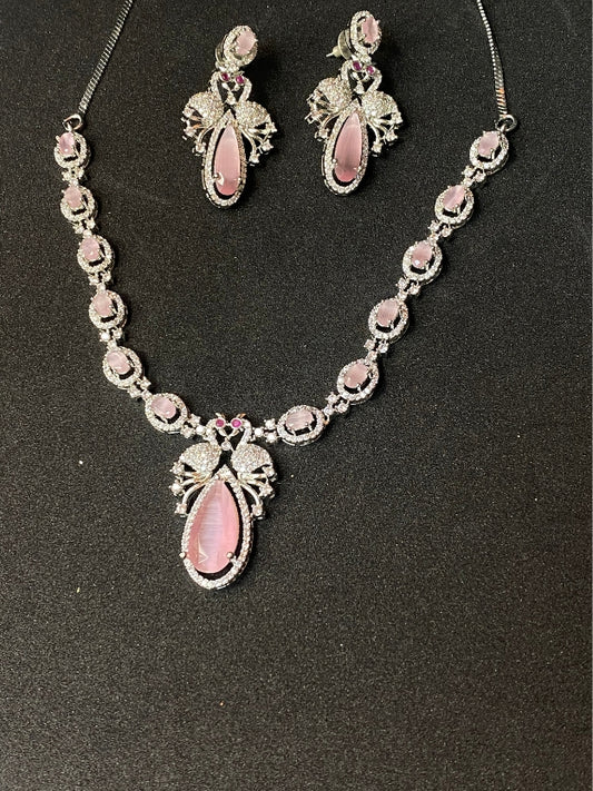 Premium Party Wear AD Necklace Set with Pink Drop Pendant