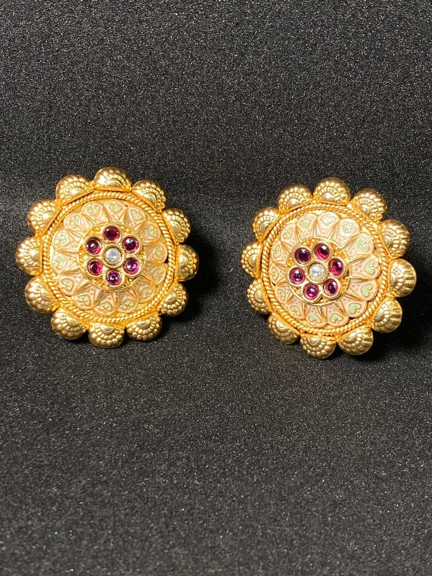 Traditional Gold Plated Flower Stud Earrings with Kemp Stones - Temple Jewelry Style Earrings for Women