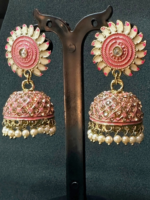 Designer Pink & White Meenakari Jhumka Earrings with Pearl Drops