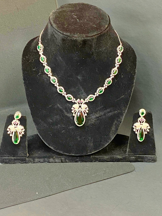 Premium Party Wear AD Necklace Set with Green Drop Pendant