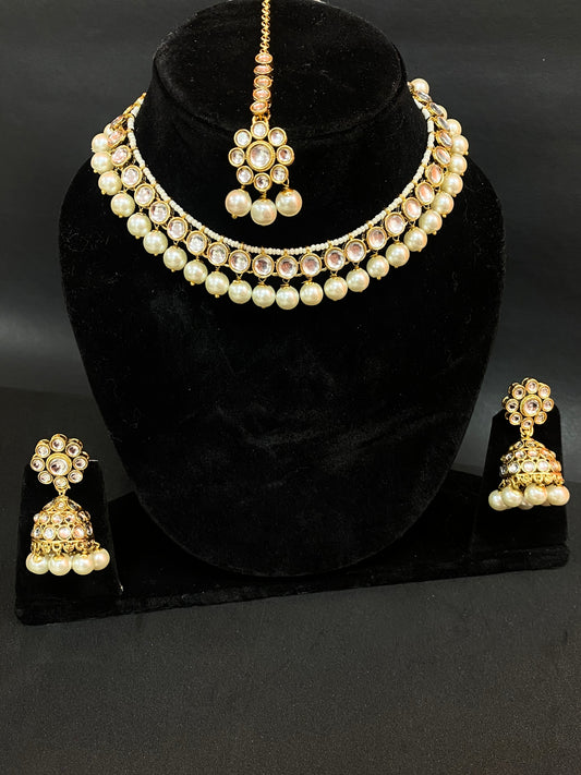 Gold Plated Kundan Pearl Choker Necklace Set with Maang Tikka & Jhumka Earrings