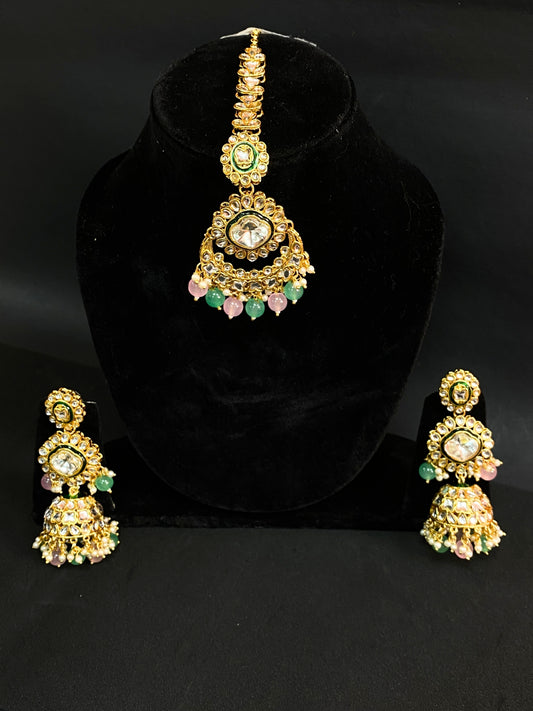 Kundan Maang Tikka & Jhumka Earrings Set with Green Pink Beads
