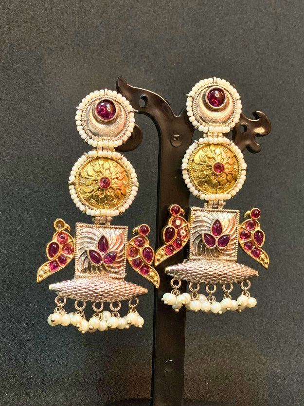 Traditional Oxidised & Gold-Plated Temple Earrings with Ruby Stones & Pearl Drops