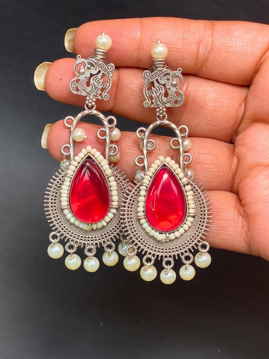 Traditional Oxidised Silver Red Tear-Drop Stone Dangler Earrings with Pearl Hangings