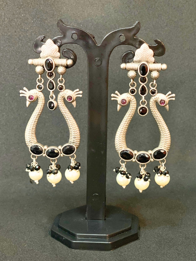 Trendy Oxidised Silver Peacock-Design Earrings with Black Stones & Pearl Beads