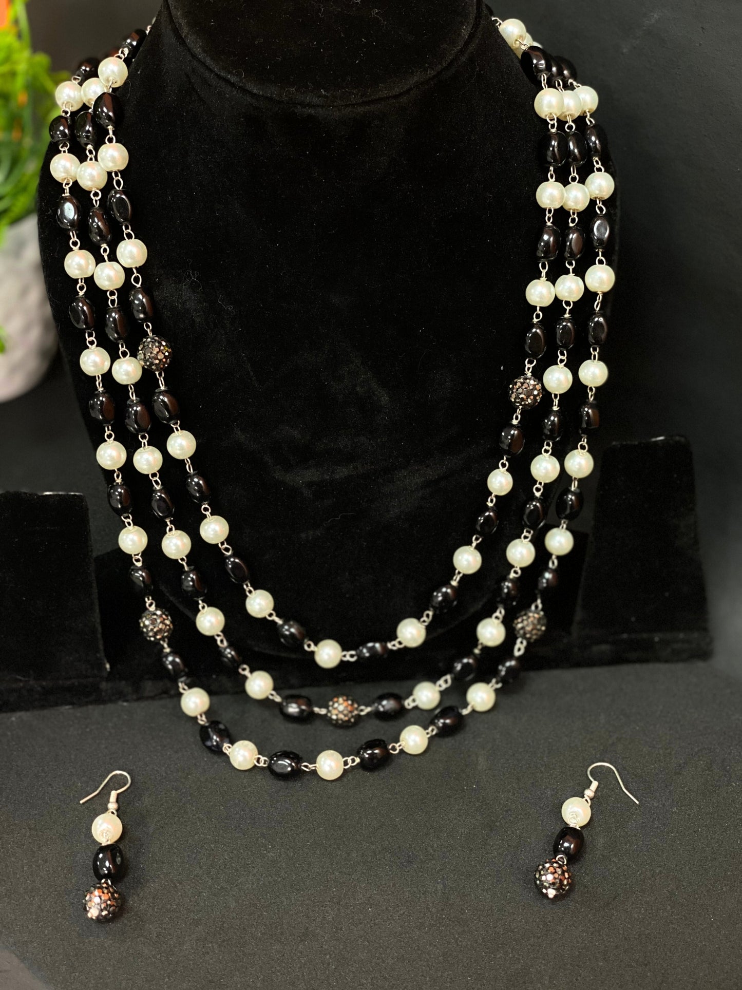 Black & Pearl Multi Layer Long Beaded Necklace Set with Matching Earrings