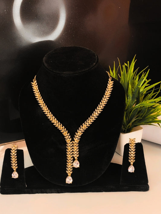 Contemporary Dainty V-Shape Necklace with Crystal Drop Earrings